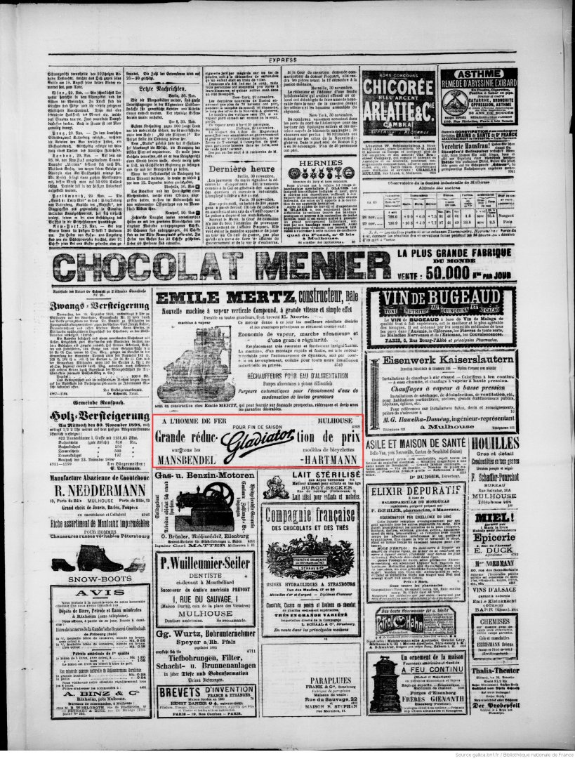 Journal L'Express de Mulhouse du 30 novembre 1898 (p.3) : grande réduction de prix sur tous les cycles Gladiator.